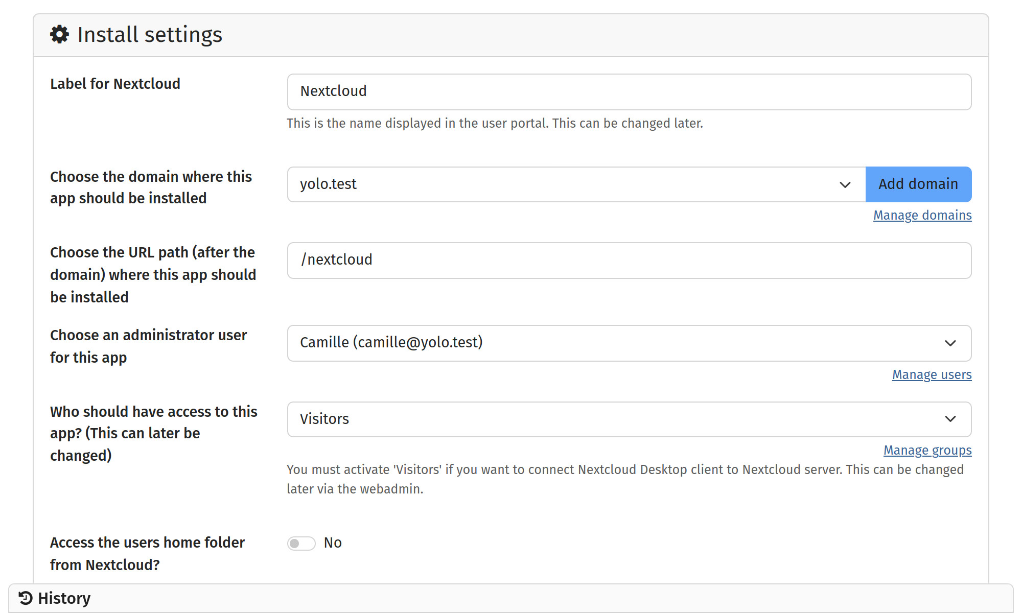 Screenshot of the web administration panel displaying the app install form when installing the Nextcloud application. The interface asks a few technical questions regarding settings for the installation.